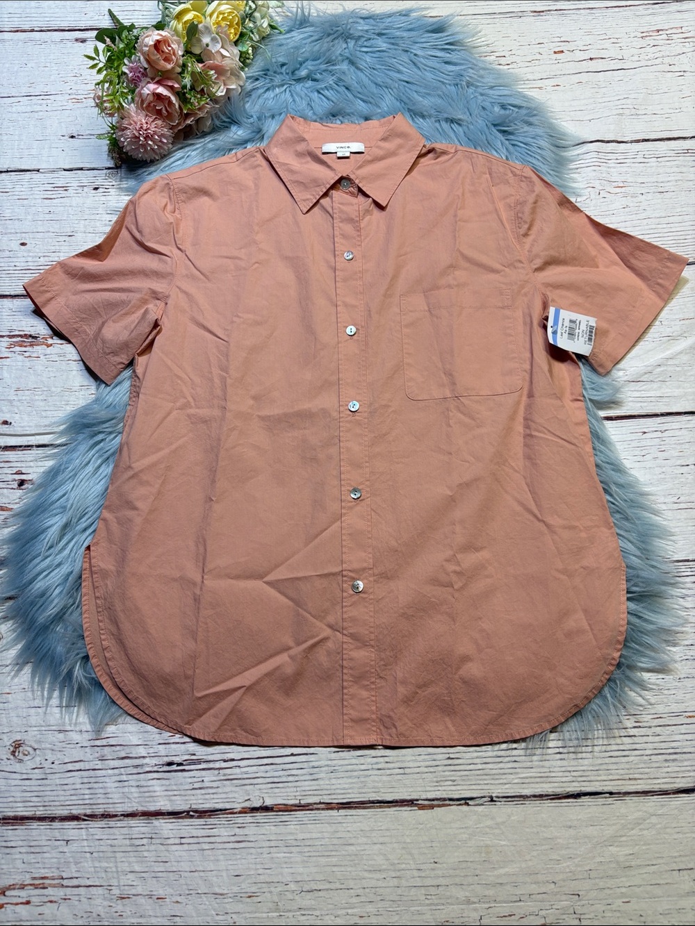 NWT Vince Peach Short Sleeve Cotton Poplin Button Up Shirt sz S
